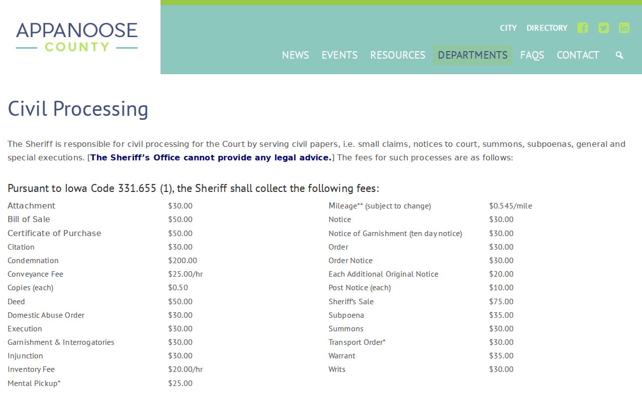 Appanoose County active warrant civil process fee context