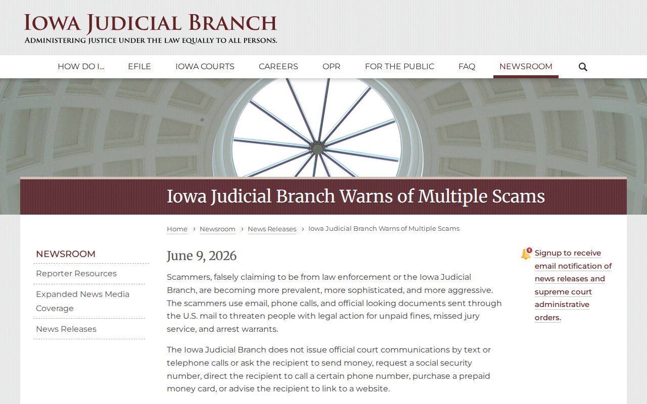 Appanoose County municipal warrant official scam warning