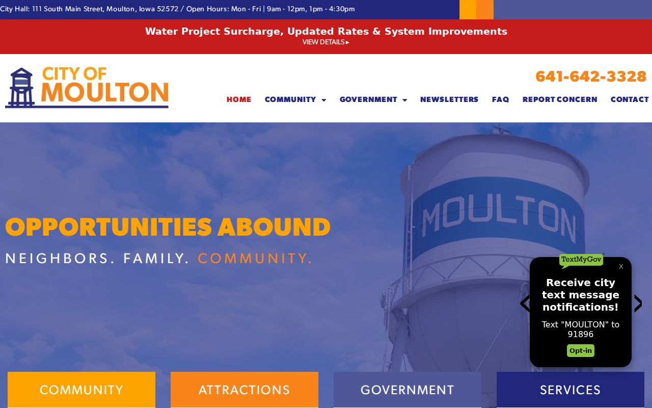Official City of Moulton website showing City Hall and local government navigation