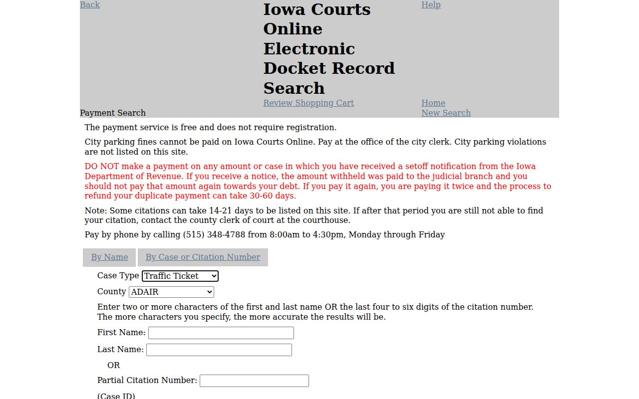 Appanoose County traffic warrant records payment interface
